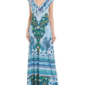 Hale Bob Floral Blue and Green Maxi Dress M